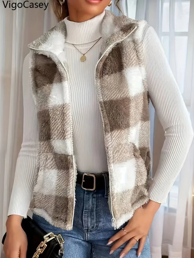 Vestă VigoCasey cu imprimeu în carouri - fermoar, lejeră, din pluș, călduroasă, mărime obișnuită, material poliester, spandex, fără umplutură