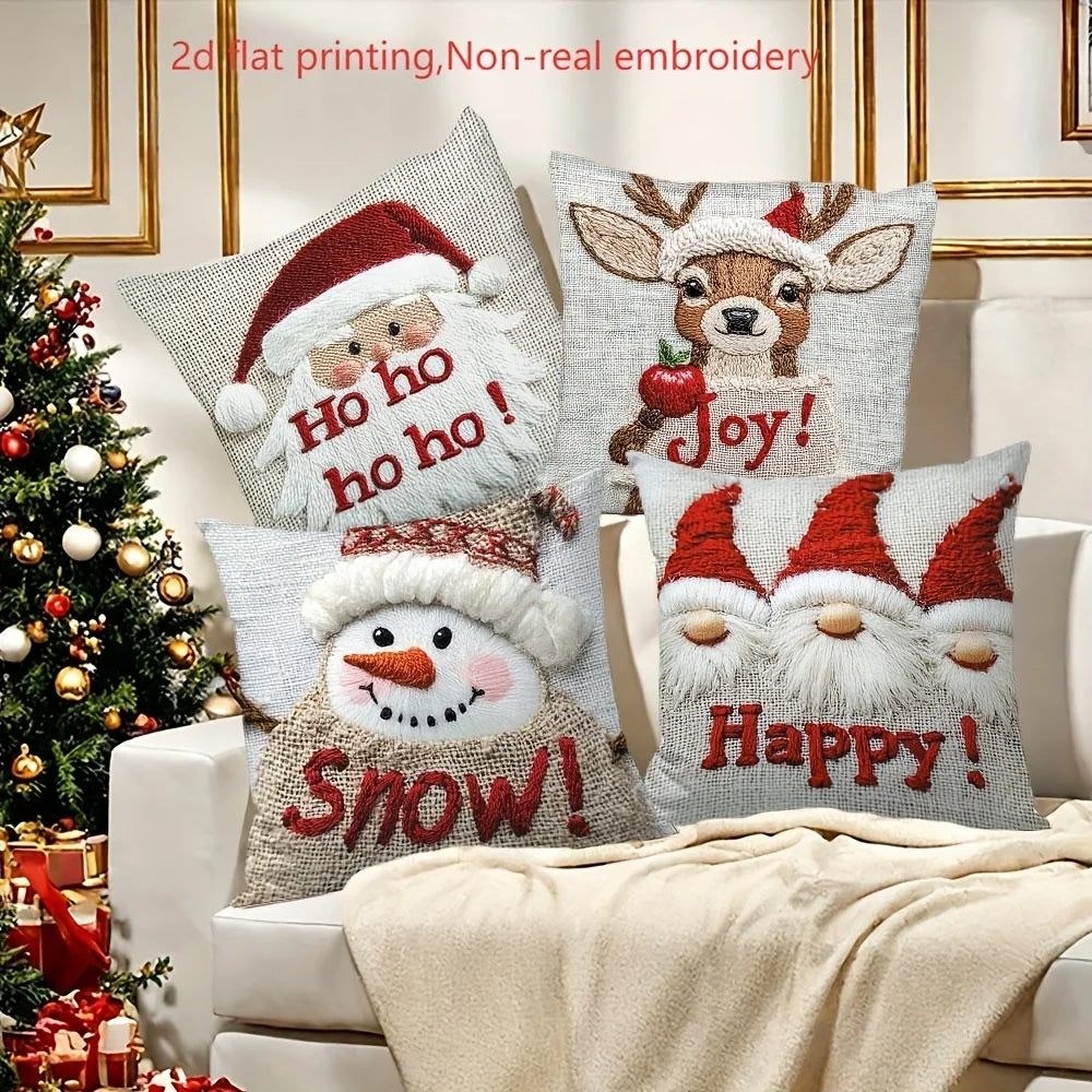 4pcs Christmas Pillow Covers Set, Santa Reindeer Snowman Gnome Printed Cushion Cases, Festive Xmas Home Sofa Decorative Throw