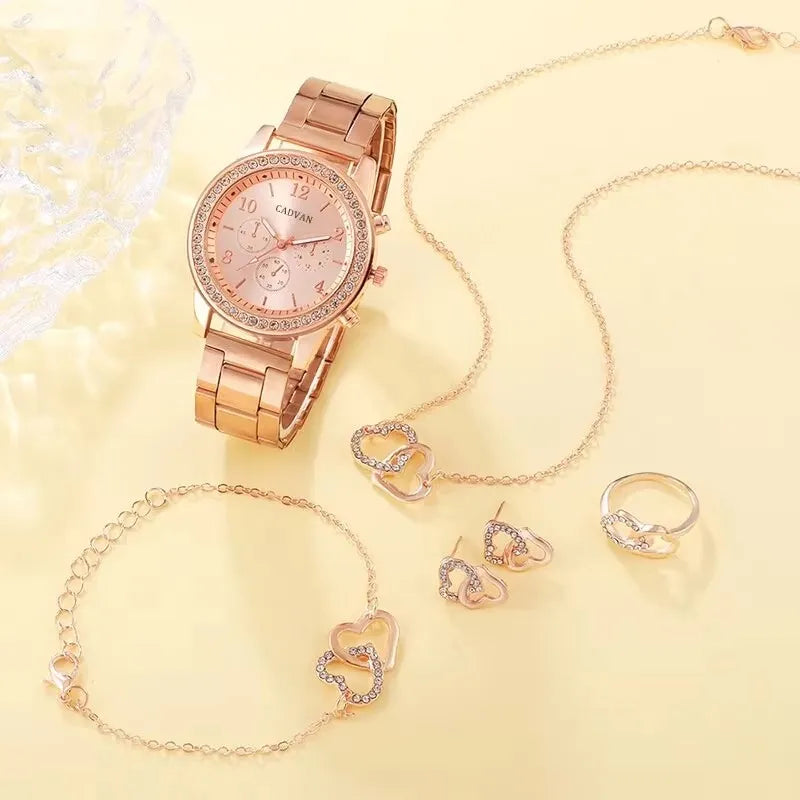 RoséLuxe 6er Set Roségold Schmuckuhr- Strass 38mm Edelstahl