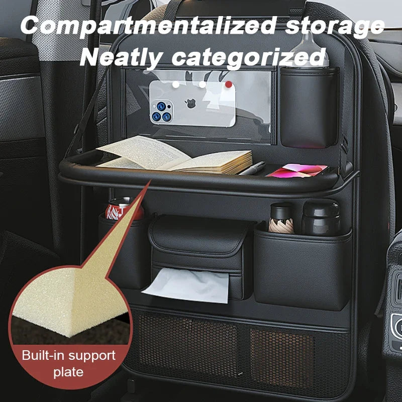 Car Seat Storage Bag Auto Back Seat Back Organizer with Foldable Table Tray PU Leather Tablet Holder Tissue Box Car Accessories