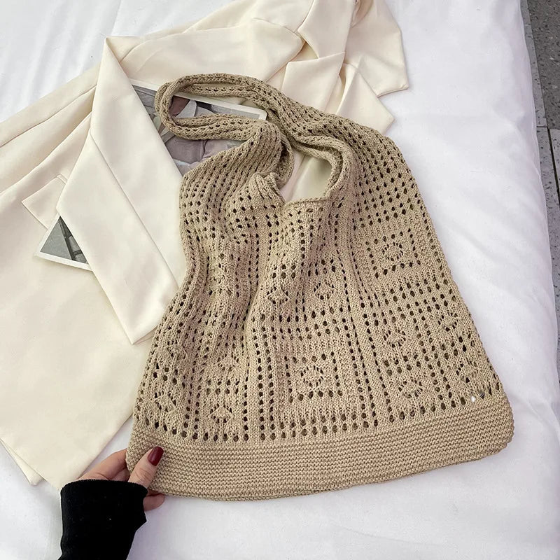 Knitted Handbags Beach Bags Lightweight Students Shoulder Casual Tote Female Style Shopping Woven Bags For Women Girls