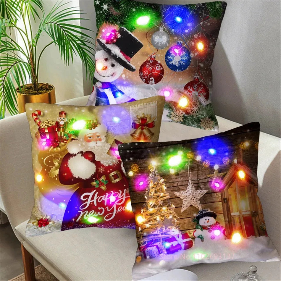 Christmas Pillowcase Decorations Home Cushion Cover LED Light 45x45cm Xmas Pillow Cover for Bedroom & Living Room Party Decor