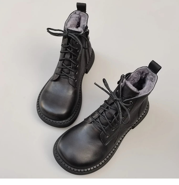 Ghete la gleznă Careaymade, piele naturală, variantă lată - mărime mare, înălțime toc 3-5 cm, căptușeală din lână