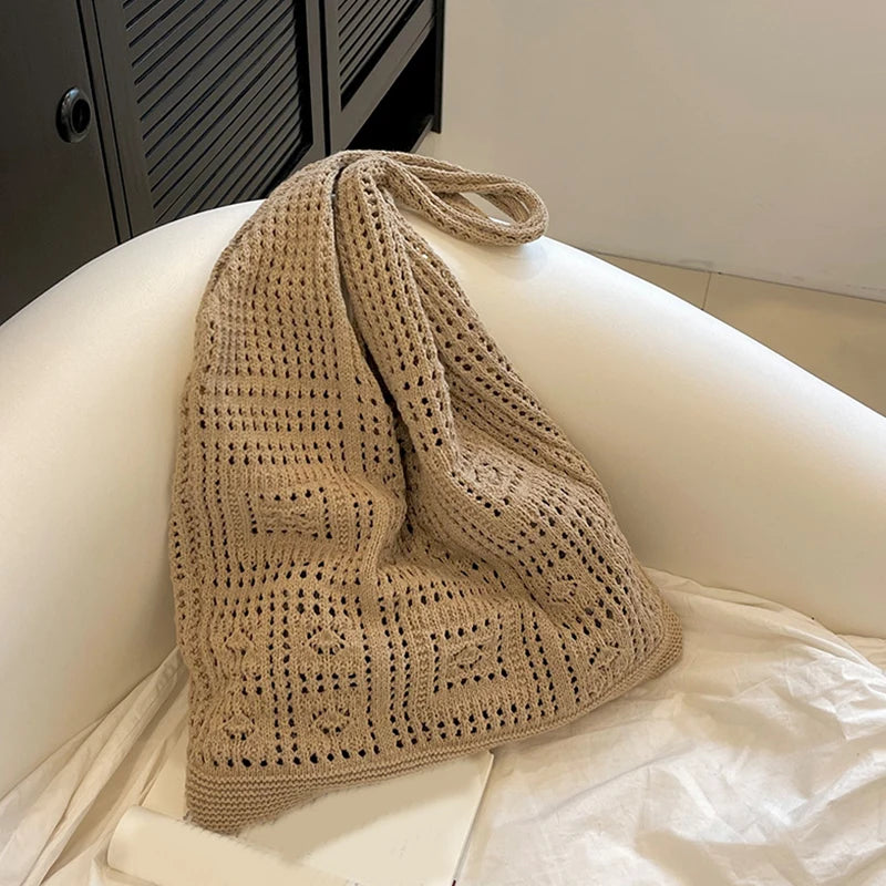 Knitted Handbags Beach Bags Lightweight Students Shoulder Casual Tote Female Style Shopping Woven Bags For Women Girls