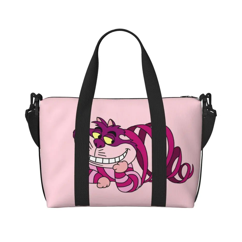 Custom Cheshire Cat Beach Tote Bag for Women We're All Mad Here Cat Big Compartment Gym Beach Travel Bags