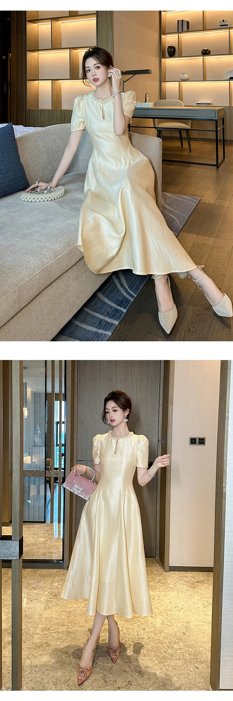 Elegant Host Evening Dress Women's French Vintage Sweet Pearl Hollow Folds Swing A-LINE Long Robe Party Catwalk Prom Vestidos