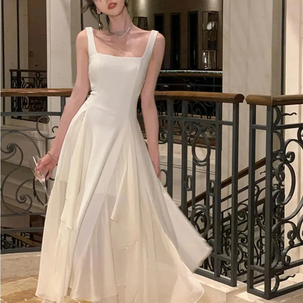 Elegant Dresses for Women Ruffles Sundress Evening Party Dress Sleeveless Square Collar A Line New Prom Robe Korean Vestidos