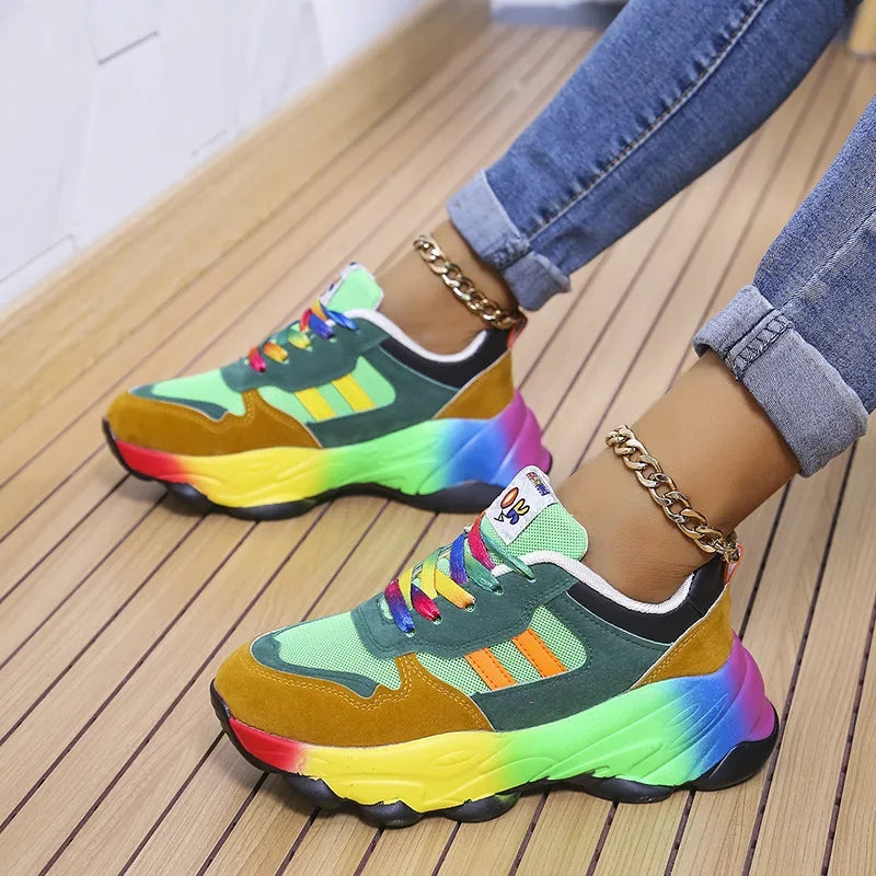 Damen Tennis Sneakers Casual Running Schuhe Rainbow Vulkanisierte Schuhe Schnürung Platform Schuhe Komfortabel