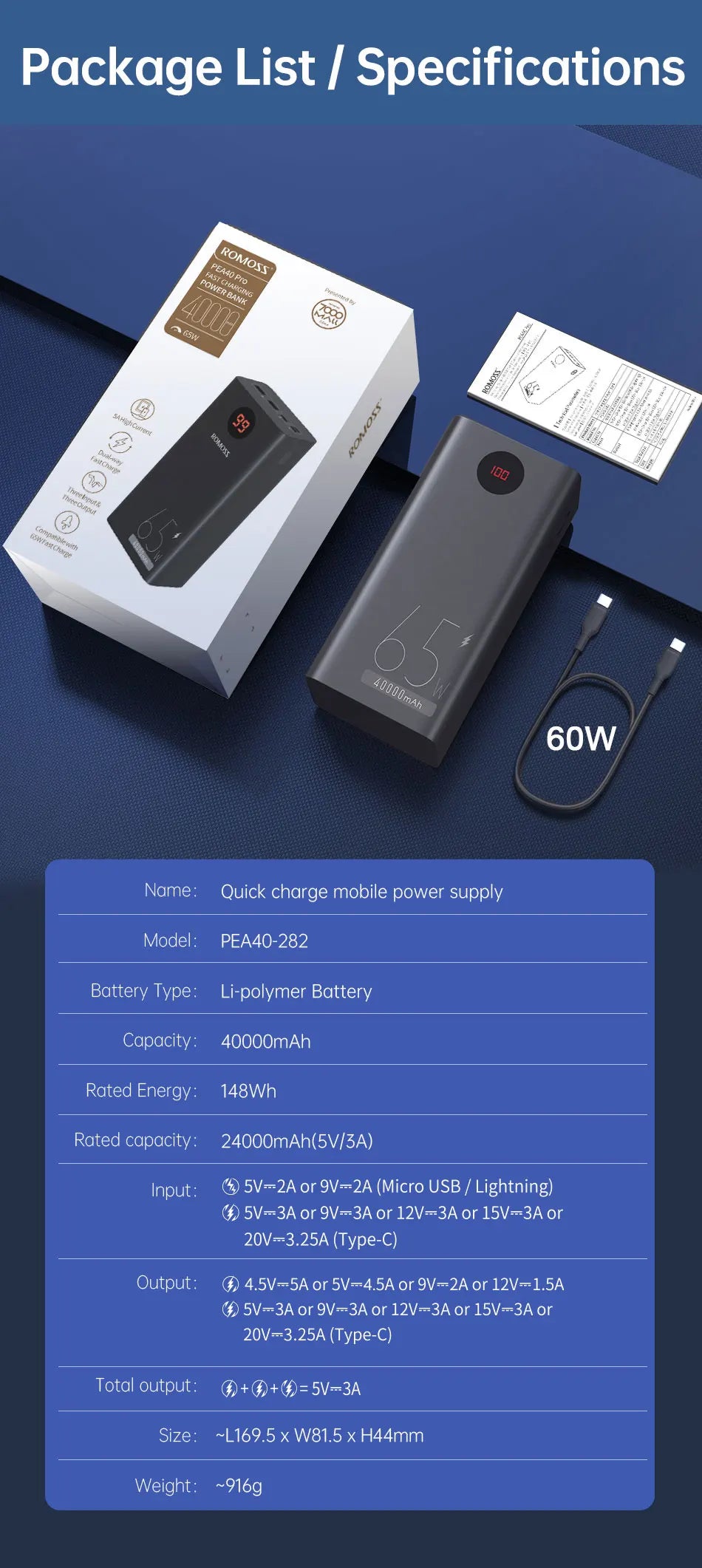 ROMOSS PEA40PRO Power Bank - 40000mAh Kapazität, 65W Schnellladung, USB C Port