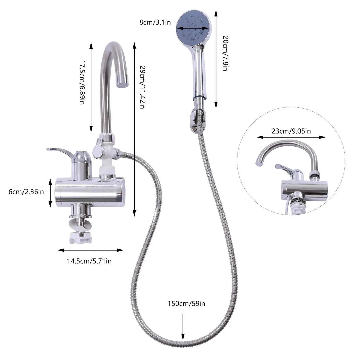 360 °   Drehbarer elektrischer Wasserhahn mit LCD-Display, 3000 W, schnelles Aufheizen, IPX4, wasserdicht, EU-Stecker für Waschbecken und Dusche, Silber
