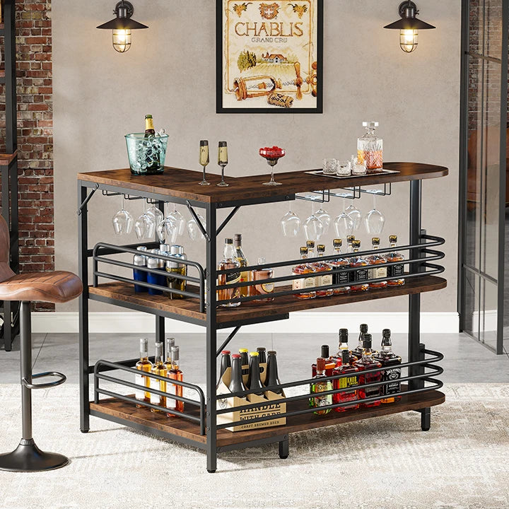 Hausbar 2025: Tribesigns L-Shaped Home Bar Unit - 3 Tier Liquor Bar Table Storage Shelves Wine Glasses Holder Collection