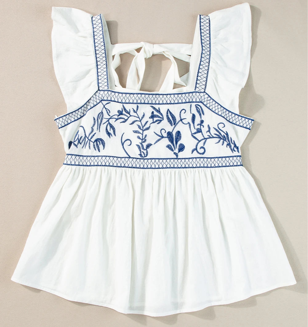 White Floral Embroidered Square Neck Peplum Blouse Shirts For Women Vintage Flying sleeves Casual Summer Boho Beach Ladies Tops