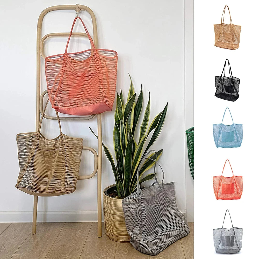 Women Swimming Beach Mesh Bag Ladies Shoulder Bag Large-capacity Travel Portable Storage Bag Multifunction Handbag