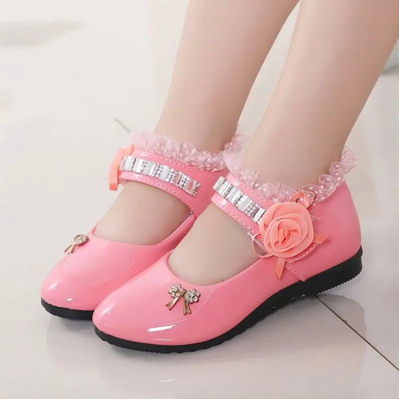 Blumen Mädchen Schuhe 2025 - Frühling Herbst Prinzessin Spitze PU Leder - Süße Schleife Strass 3-11 Jahre Kleinkind