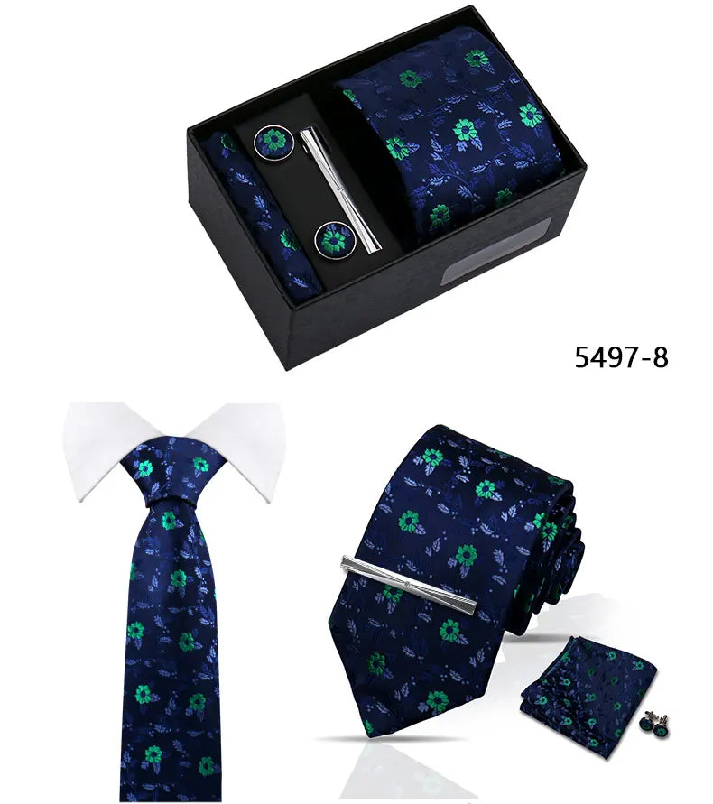 Elegant Men's Suit Necktie Gift Box Set Floral Tie Handchief Cufflinks Tie Clip 4-Piece Business Wedding Party Suit Accessories