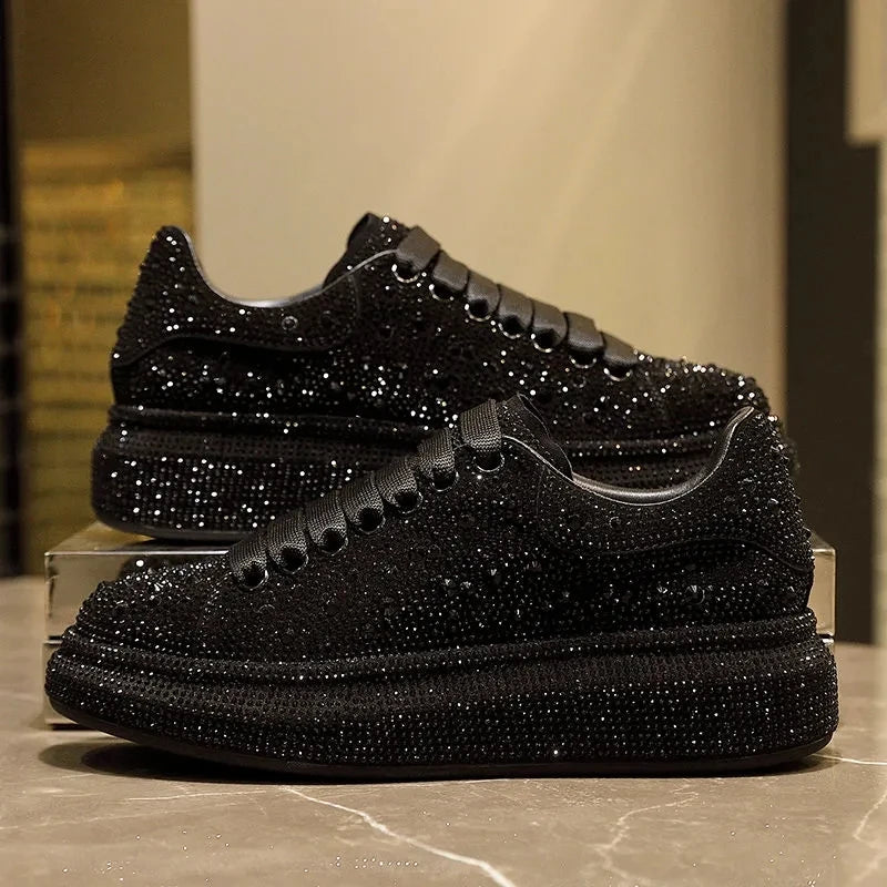 New Brand Women Fashion Casual Glitter Sparkling Sneakers Women Encrusted Lace Up Shoes White Sole Fashion Street Sneakers Shiny