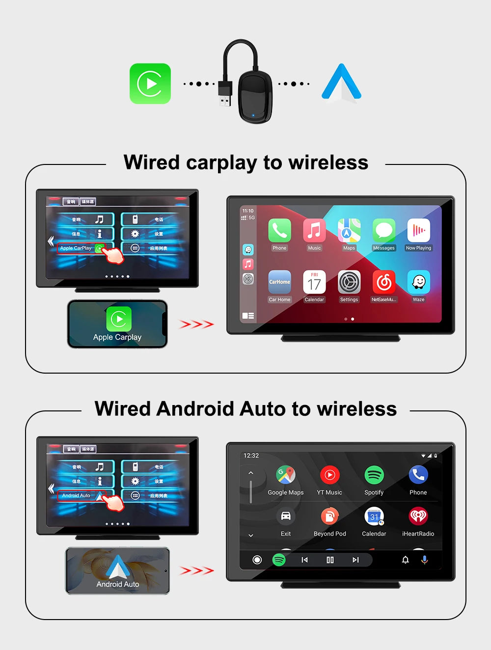 IHeylinkit 2024 New 2 In 1 Mini Wireless Carplay Android auto Wireless Adapter Smart connectivity for most vehicle models