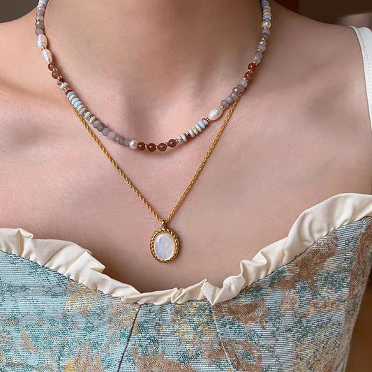 Colier cu pandantiv din perle, țesut manual, cu piatră naturală, lanț cu mărgele, accesorii luxoase pentru gâtul femeilor, bijuterii de modă
