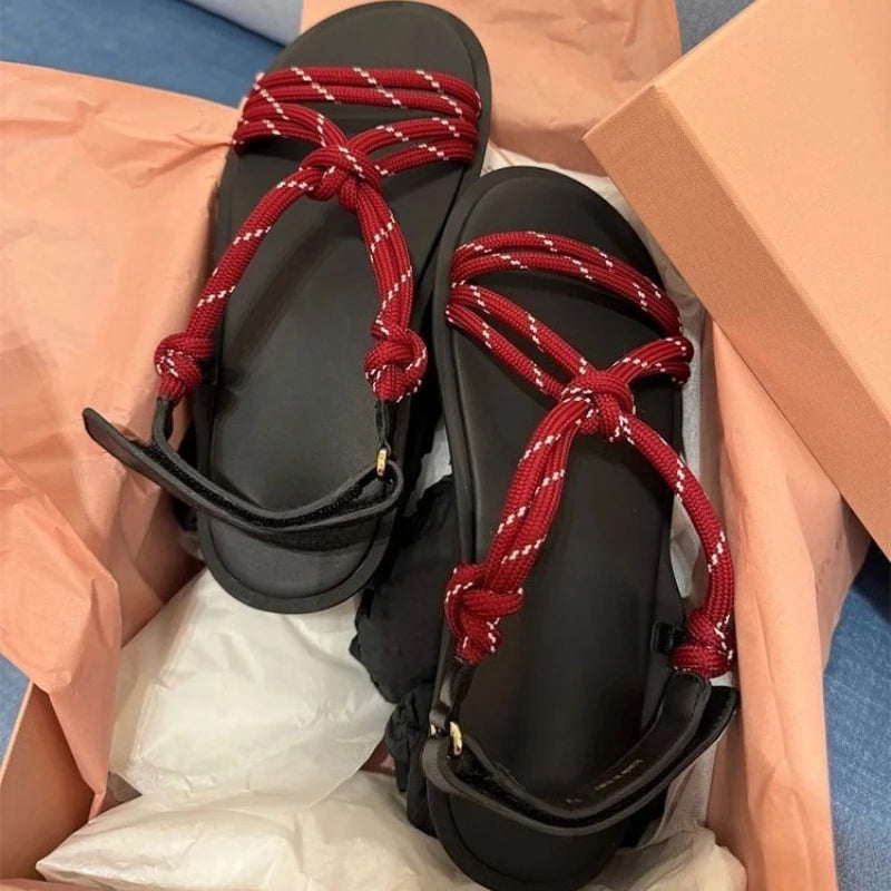 Damen Seil-Knoten Zehentrenner Sandalen - Weiche Sohle Komfort Sommer - Geflochtene Riemen Fashion Sandalen