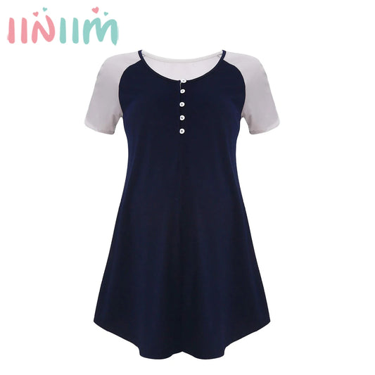 Schwangere Frauen Kurz Ärmel Casual Kleid 2025 - Rund Hals Knopf Verschluss Patchwork - Locker Stillen Kleider Mutterschaft Kostüm