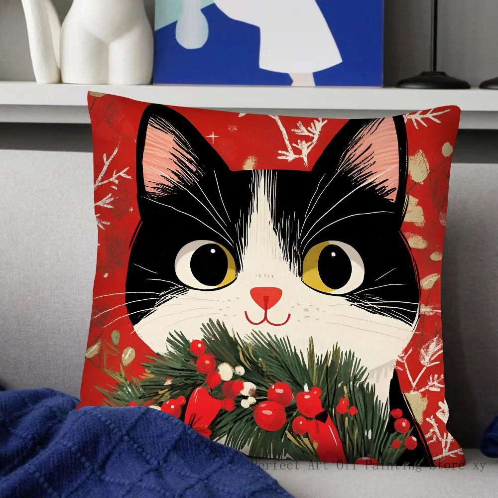 Christmas Cat Pillow Case Fashion Square Pillowcase Bedroom Sofa Room Ins Decoration Leisure Cushion Cover 40x40