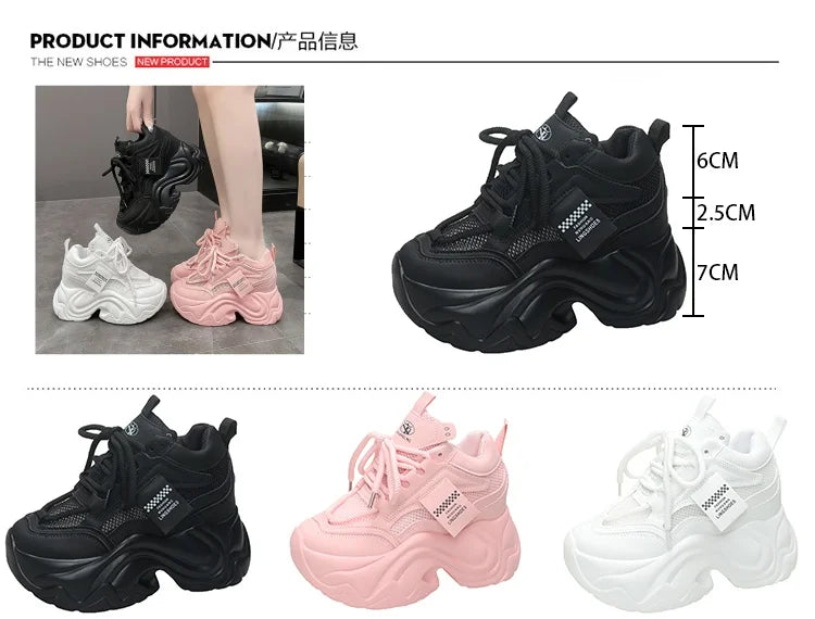 Women High Platform Sneakers New Summer 9.5CM Wedge Heels Thick Sole Leather Shoes Autumn Breathable Mesh Chunky Sneakers Woman