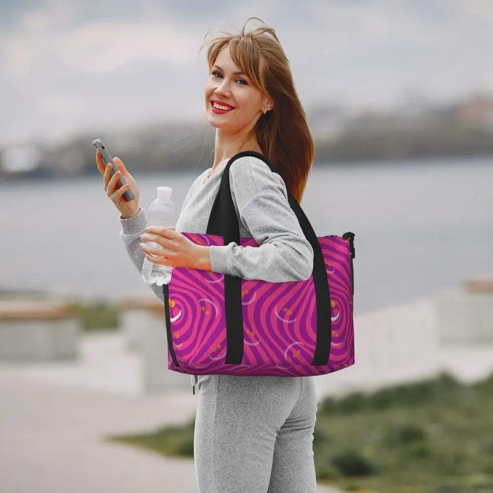 Custom Cheshire Cat Beach Tote Bag for Women We're All Mad Here Cat Big Compartment Gym Beach Travel Bags