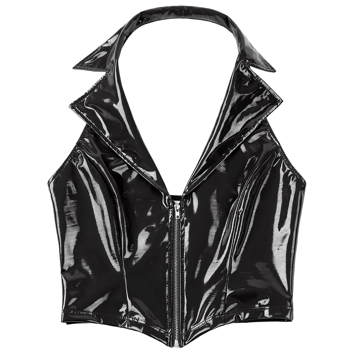 Womens Glossy Patent Leather Latex Vest Tops Rave Outfit Clubwear Glossy Corset Waistcoat Notch Lapel Slim Fit Camisole Crop Top