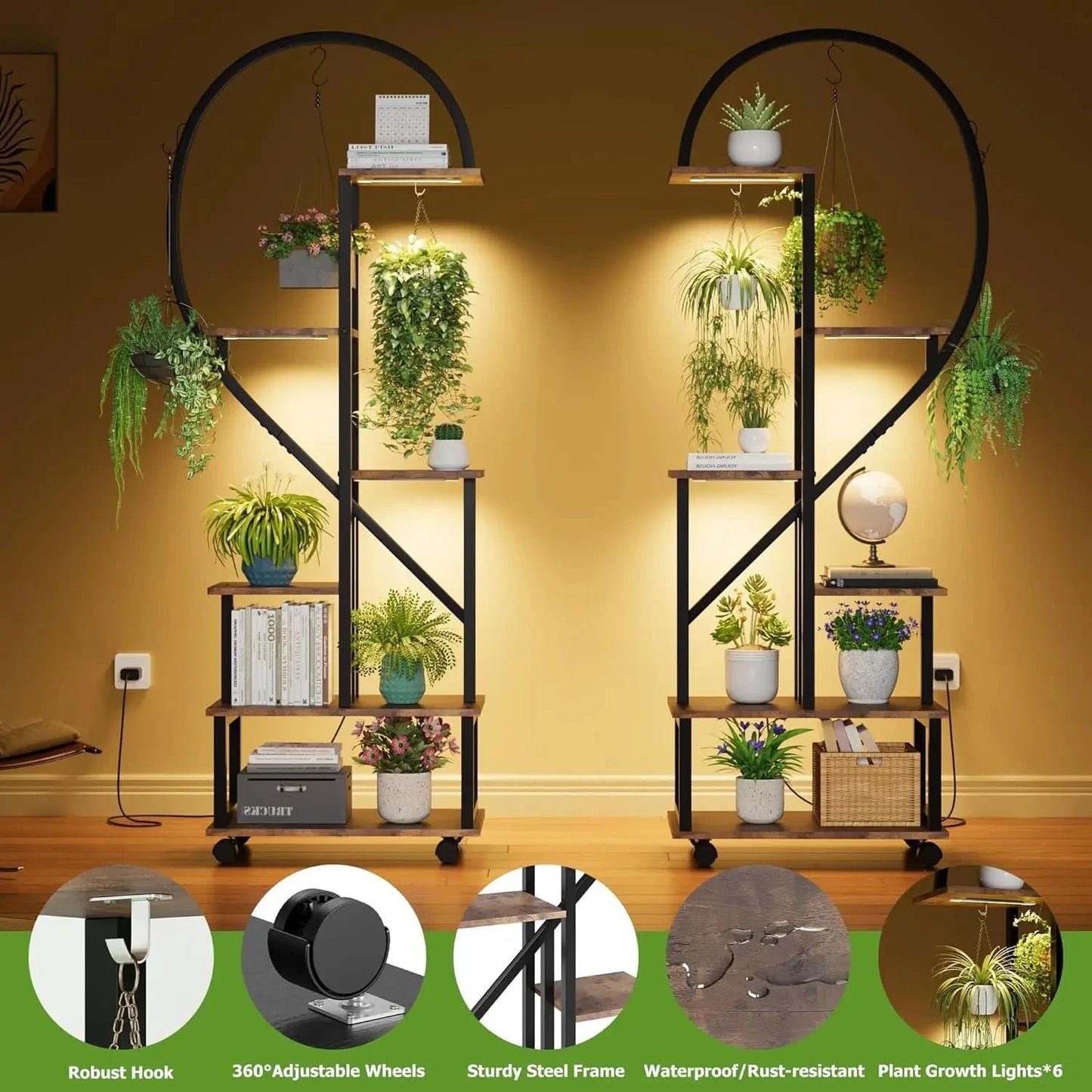 2 Stück Pflanzenständer mit Wachstumslicht/Rollrädern, Pflanzenständer für den Innenbereich, 6 Etagen, 175 cm hoch, großes Pflanzenregal für drinnen und draußen by Golden Bridge Store