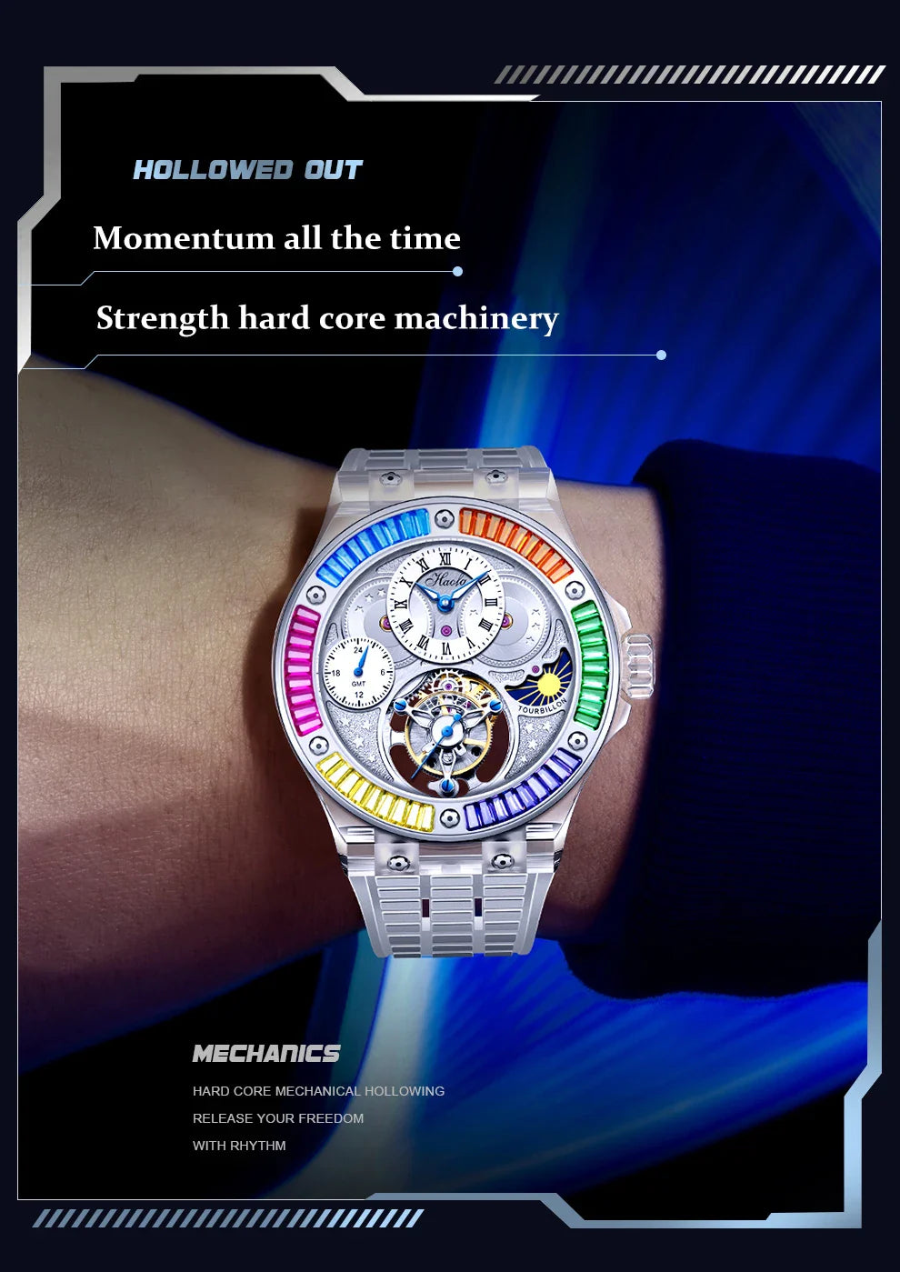 Haofa k9 watermelon crystal watch luxury skeleton tourbillon watch sapphire glass