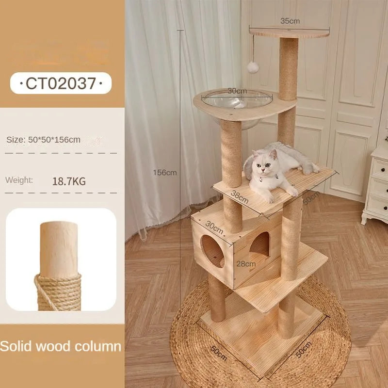 Massivholz Säule Multi-schicht Katzen Klettergerüst, Multifunktional Haustier Große Katzen Villa Mehrstöckig Katzen Baumhaus Klettern Spielzeug