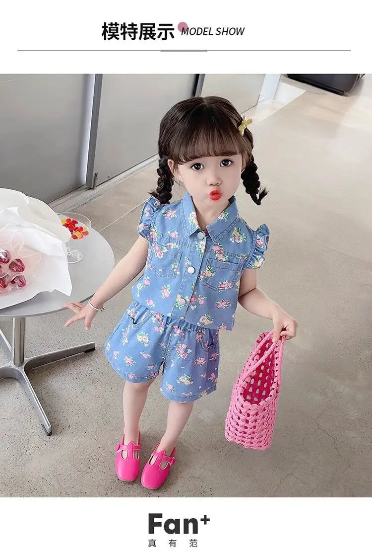 Children's Clothing Sets Floral Print Lace Sleeveless Top + Shorts 2pcs Sets  Baby Girl Outfit Set Kids Clothes for Girls