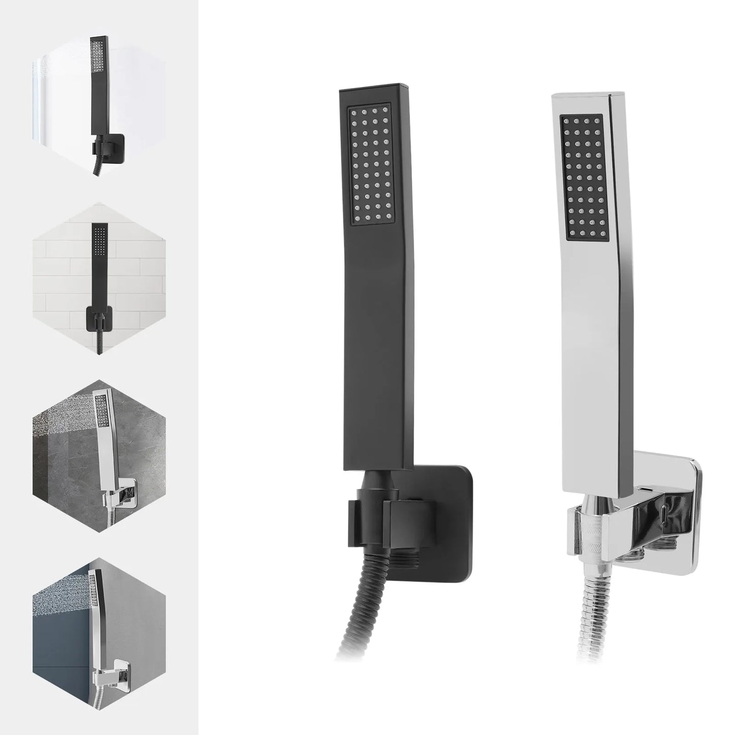 Mattschwarzes, geräuscharmes Duscharmaturen-Set mit Messing-Wandanschluss und Federschlauch