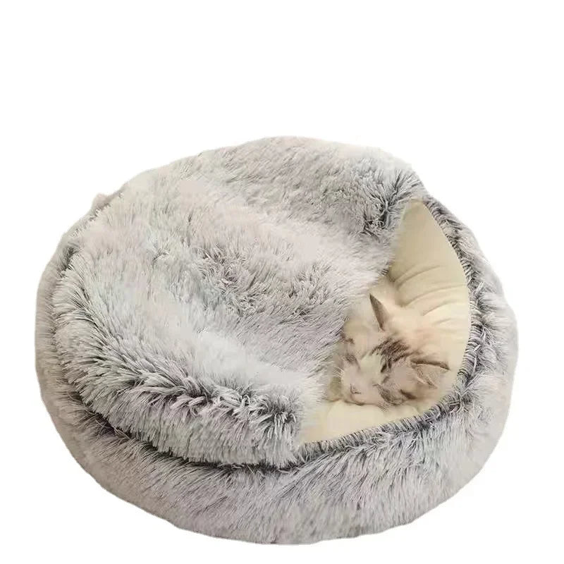 Soft Plush Pet Bed with Cover Round Cat Bed Pet Mattress Warm Cat Dog 2 in 1 Sleeping Nest Cave for Small Dogs