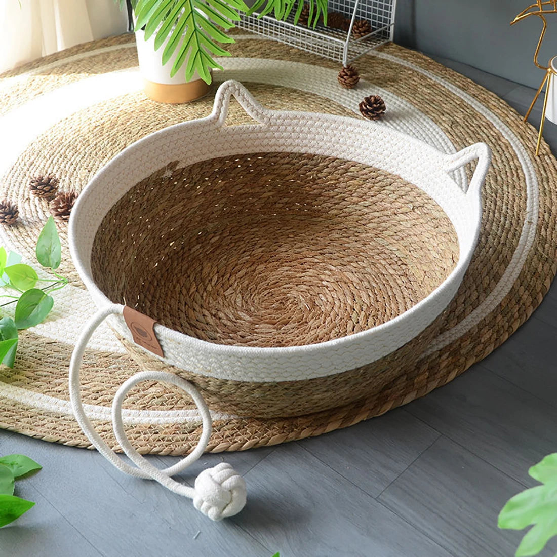 Cat Bed House Dog Kennel Rattan Straw Plaited Kitten Cushion Basket Tent Scratching Board Ball Puppy Nest Mat Indoor Pet Supply