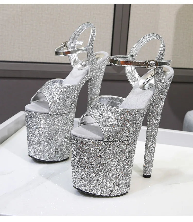elegant woman shoes with High Heels 20CM Sequined Cloth Platform Modern Sandals Stripper Shoes Red Wedding Women Shoes Pumps