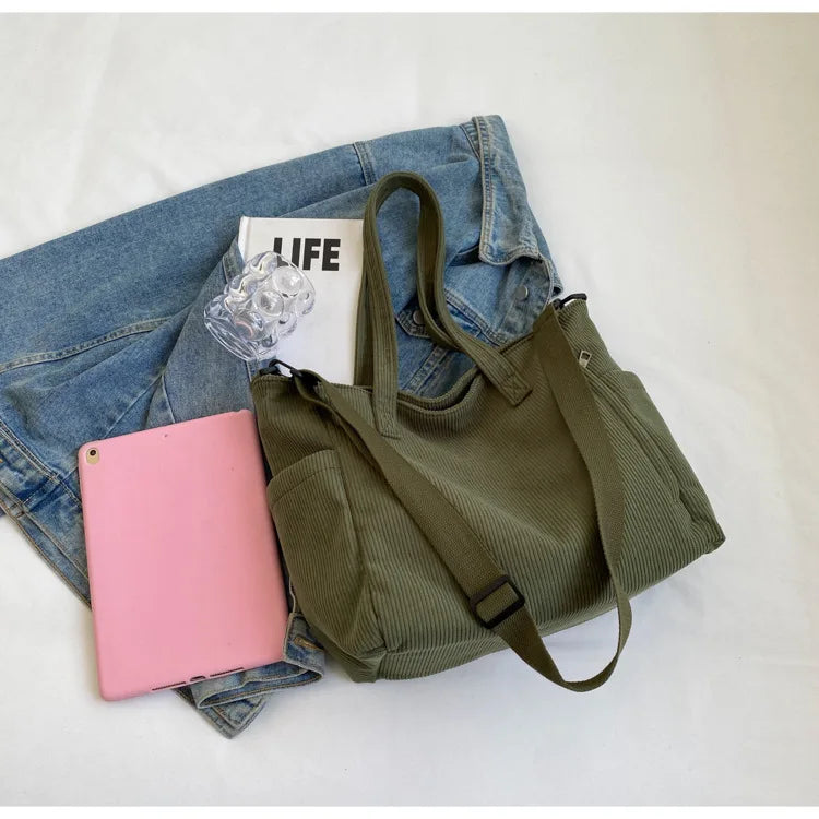 Fashion Versatile Shoulder Bag College Wind Commuting Corduroy Square BagUnisex Large Capacity Leisure Portable Crossbody Bag