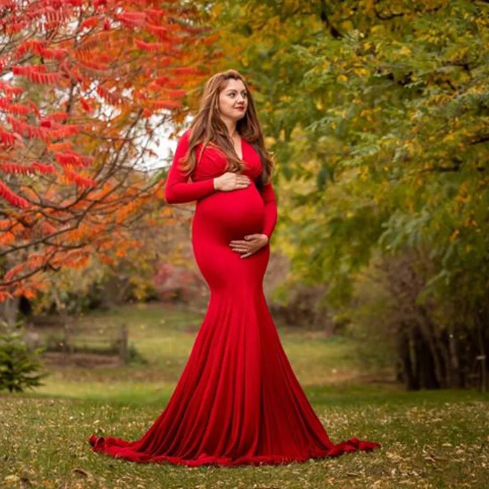 Women's Spring Autumn Maternity Dress Elegant Slim V-Neck Long Sleeve Mermaid Maxi Gowns for Photography Baby Shower Photoshoot