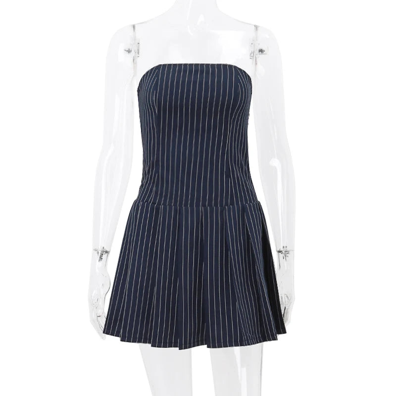 WhereMery Korean Women Fashion A-line Dress Y2K Sleeveless Slash-neck Pleated Stripe Dresses Spring Summer Elegant Slim Vestidos