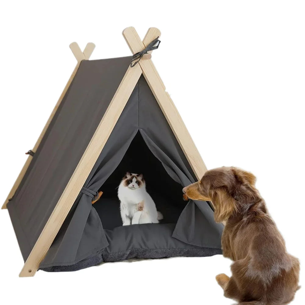 Pet Tent Nest Removable and Easy To Wash with Thick Soft and Comfortable Pad Warm Wooden Tent Bed Suitable for Cats and Dogs