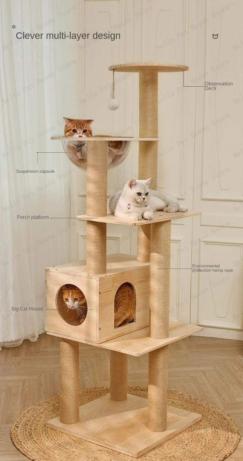 Massivholz Säule Multi-schicht Katzen Klettergerüst, Multifunktional Haustier Große Katzen Villa Mehrstöckig Katzen Baumhaus Klettern Spielzeug