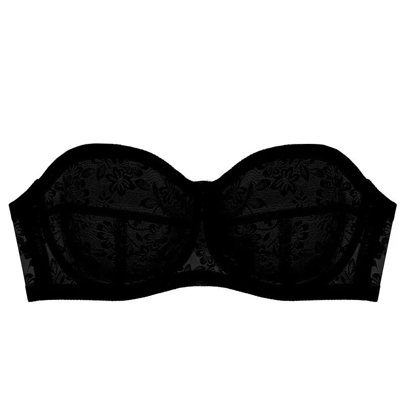 Women's Lingerie Strapless Ultra Thin Bra Transparent Embroidery Floral Brassiere Sexy Invisible Bralette Ladies Underwear