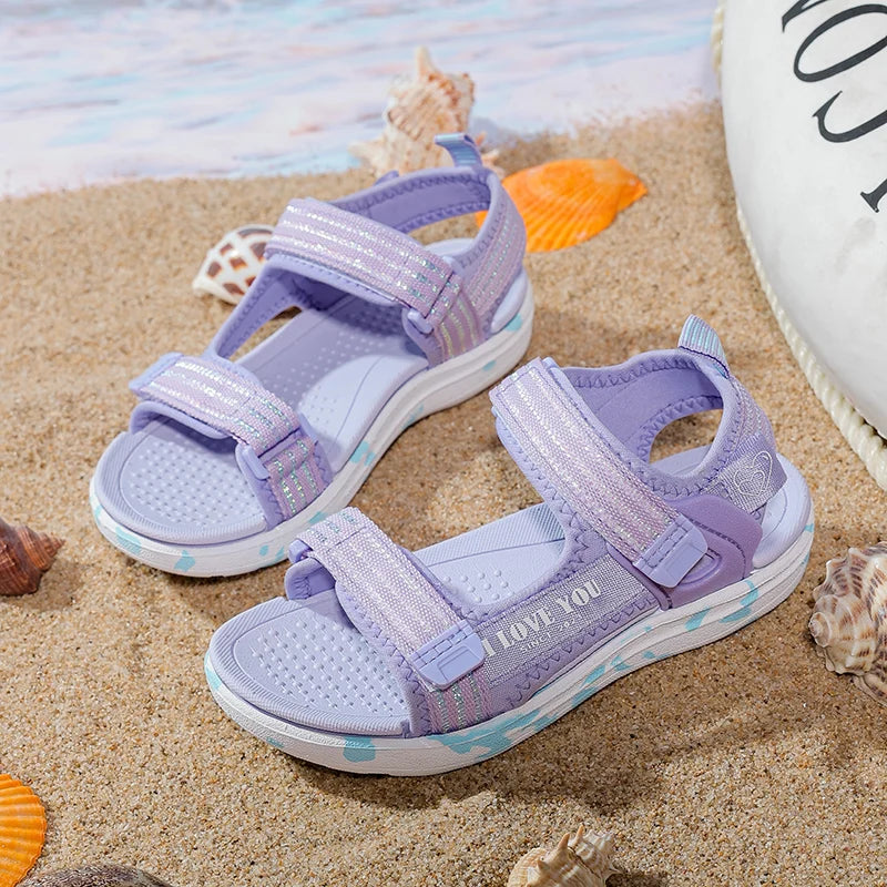 Sandalen Mädchen 2025 - Weiche Sohlen Casual Schuhe Modische Prinzessin - Neue Blumen Rosa Flache Schuhe Rutschfest Strand Kinder 7-13J