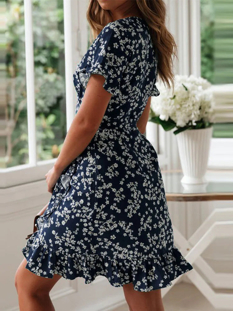 Boho Floral Print Ruffles Women Dress  Summer Sexy V Neck Short Sleeve A Line Chiffon Mini Dresses Beach Vacation Sundress