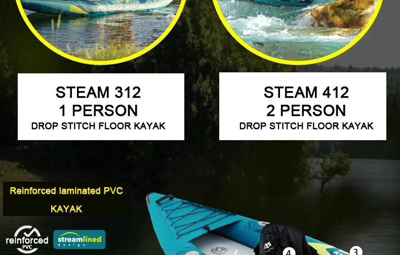 AQUA MARINA 1 2 person inflatable boat sport kayak model STEAM canoe pvc dinghy raft pump seat drop stitch floor laminated PVC