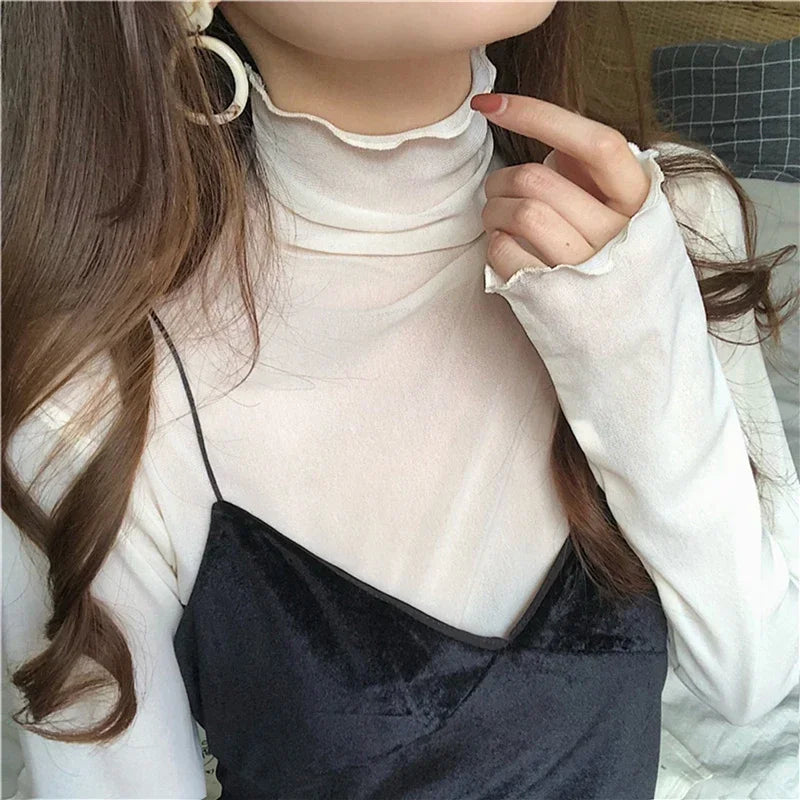 Sexy Women T Shirt See Through Transparent Tops Long Sleeve Ladies T-Shirt Pink Green Basic Top for Female Bottoming Blouses
