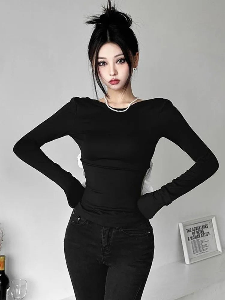 New Sexy Tshirts for Women 2025 Ropa Mujer Patchwork Tops Tunic Long Sleeve Tees Backless Crop  Fashion Casual Y2k T-shirt