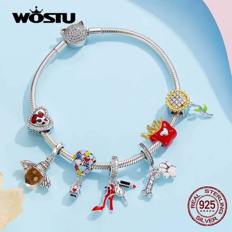 WOSTU 925 Sterling Silber Anhänger 2025: Frauen Junge Mädchen Haustier Kamera Biene AAA Cubic Zirkonia - Kaffee Marienkäfer Perlen DIY Original Armband 1.9g