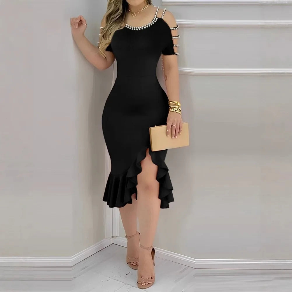 Elegante Frauen Kleid Perlen Dekoration - Schwarz S M L