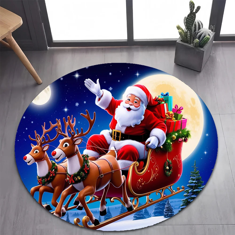 Cute Santa Claus Merry Christmas Tree Cartoon Festival Gift Round Carpet Rug for Bedroom Living Room Decoration,Decor Floor Mat